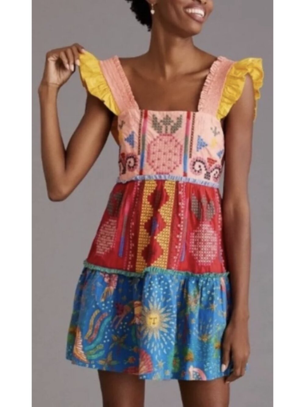 FARM RIO Colorblocked Mini Dress XS Tropical Bright Boho Vacation Embroidered